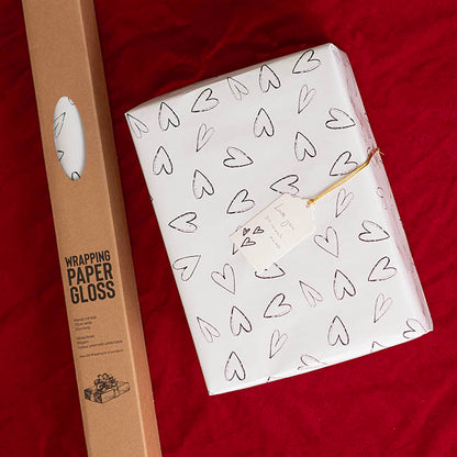 Wrapping Paper Roll Hearts Print Gloss White (70cmx25m)