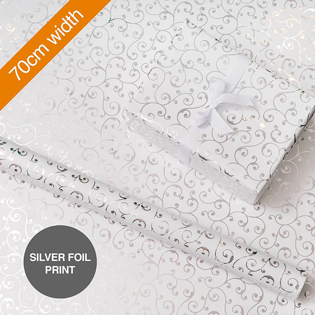 Wrapping Paper Elegant Swirls Gloss Silver Foil (70cmx25m)