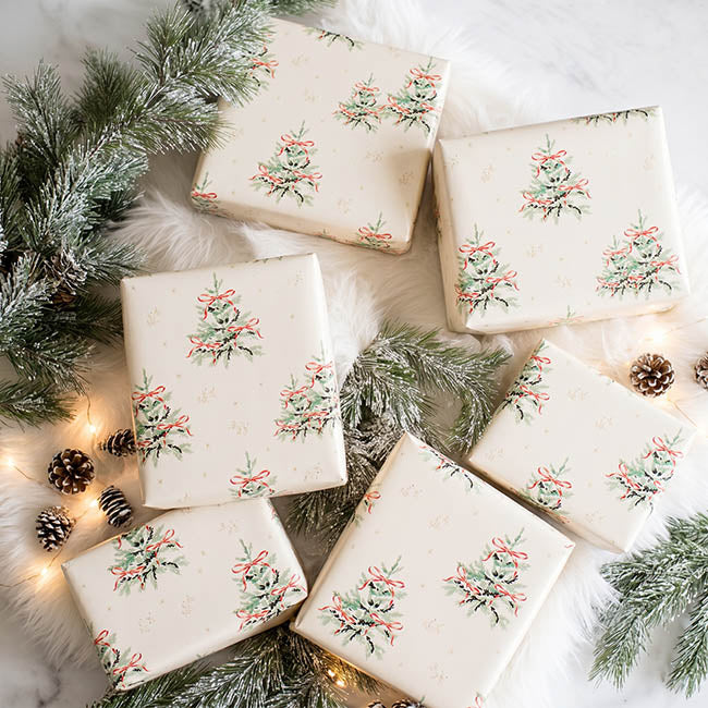 Wrapping Paper Roll Xmas Fir Trees Gloss White (70cmx25m)