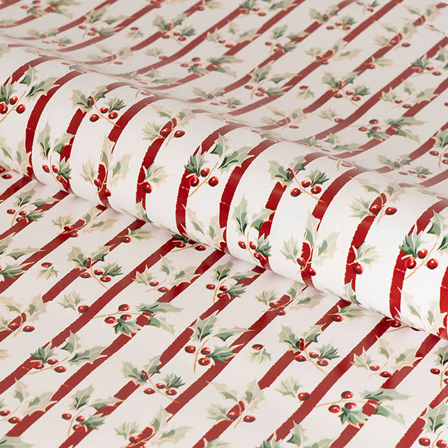 Wrapping Paper Roll Yuletide Holly Gloss White (70cmx25m)