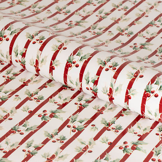 Wrapping Paper Roll Yuletide Holly Gloss White (70cmx25m)