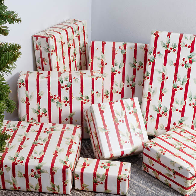 Wrapping Paper Roll Yuletide Holly Gloss White (70cmx25m)