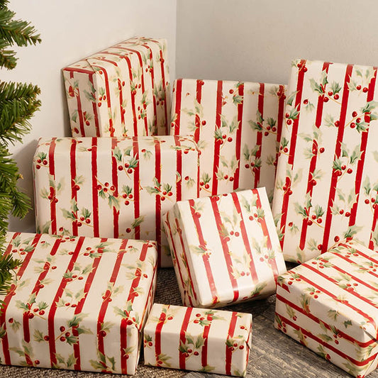 Wrapping Paper Roll Yuletide Holly Gloss White (70cmx25m)