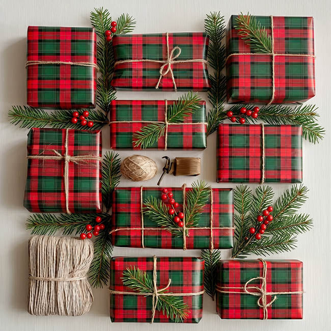 Wrapping Paper Roll Tartan Check Gloss Green Red (50cmx50m)