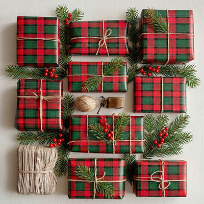 Wrapping Paper Roll Tartan Check Gloss Green Red (50cmx50m)