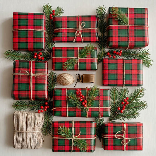 Wrapping Paper Roll Tartan Check Gloss Green Red (50cmx50m)