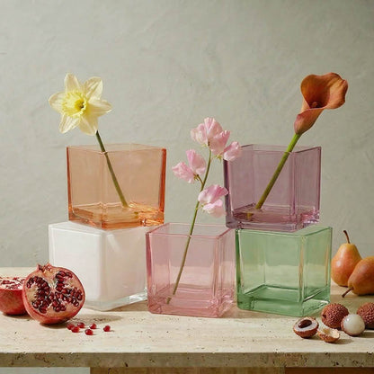 Pressed Glass Cube Vase Solid Peach (12x12x12cmH)