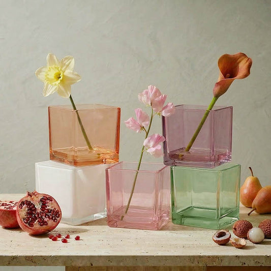 Pressed Glass Cube Vase Solid Peach (12x12x12cmH)