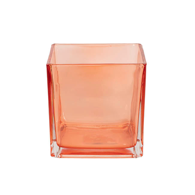 Pressed Glass Cube Vase Solid Peach (12x12x12cmH)