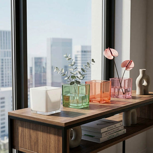 Pressed Glass Cube Vase Solid Sage (12x12x12cmH)