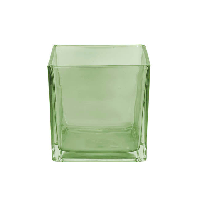 Pressed Glass Cube Vase Solid Sage (12x12x12cmH)