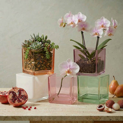 Pressed Glass Cube Vase Solid Sage (12x12x12cmH)
