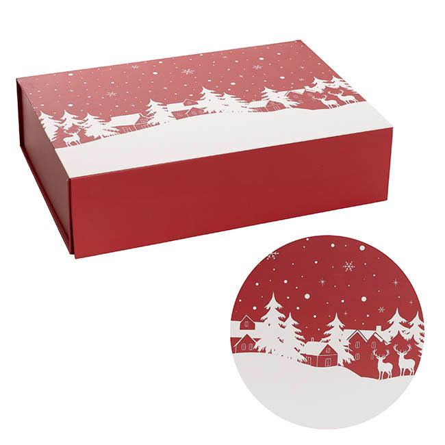 Hamper Gift Box Magnetic Large Xmas Scene Red (38x26x9.5cmH)