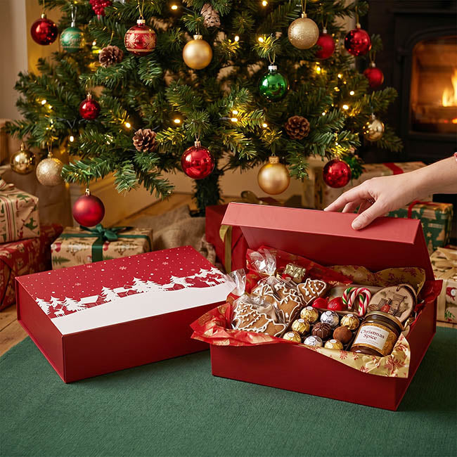Hamper Gift Box Magnetic Large Xmas Scene Red (38x26x9.5cmH)