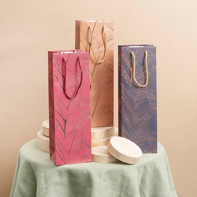 Wine Bag Single Bottle Pack 5 Leaves Navy Gold (12x9x35cmH)