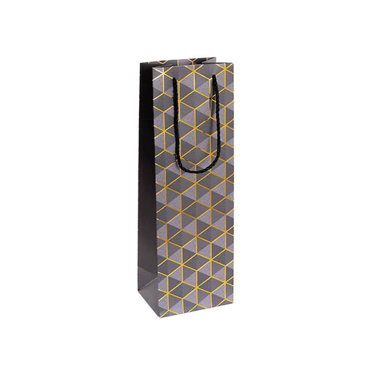 Wine Bag Single Bottle Pack 5 Geo Grid Charcoal (12x9x36cmH)