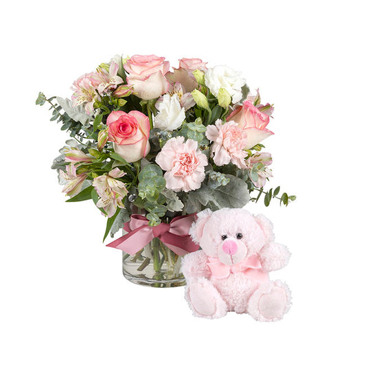 Interflora Pink & White Flowers with Pink Stuffed Bear