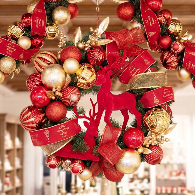 Flocked Reindeer Wreath in Red & Gold