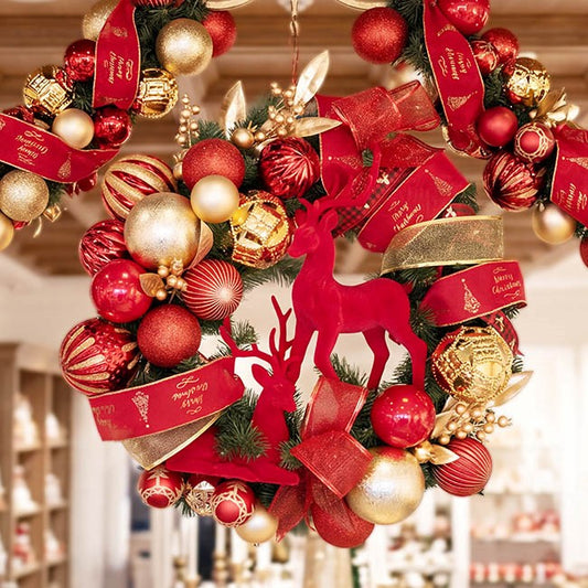 Flocked Reindeer Wreath in Red & Gold
