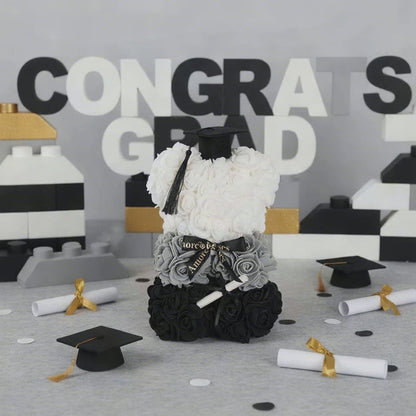 Amore Graduation Rose Bear w Black Bow&Hat Ombre Black(25cmH