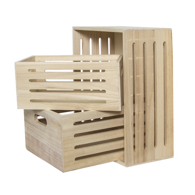 Wooden Crate Box Slats Natural (40x30x18cmH) Set 3