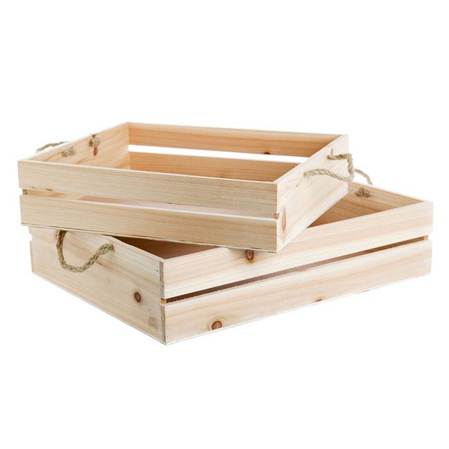 Wooden Crate Tray Rope Handle Set 2 Natural (43x34x10cmH)