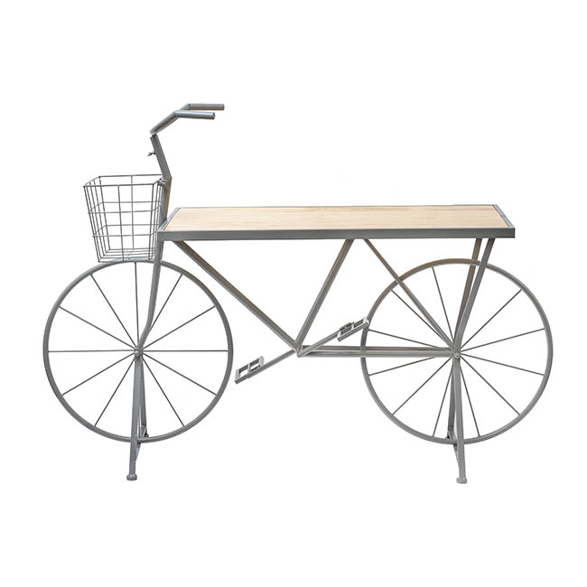 Bicycle Display Bench Metal Pine Top Grey (153x51x109cmH)