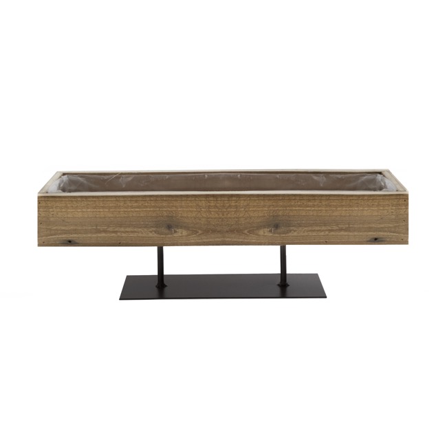 Wood Planter Tray with Metal Stand Natural (42x12x13cmH)