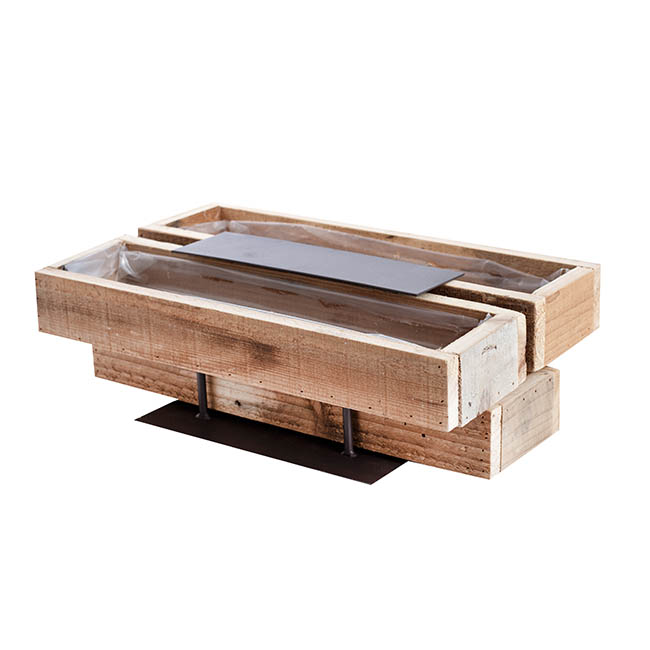 Wood Planter Tray with Metal Stand Natural (42x12x13cmH)