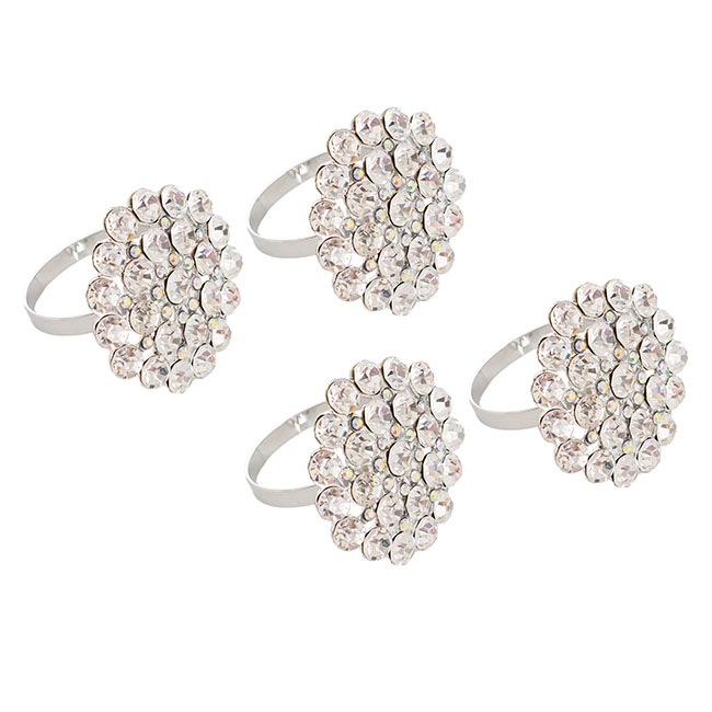 Diamante Flower Napkin Ring Pack 4 Silver (3.8x4.5cmH)