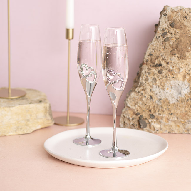 Champagne Glass w Love Hearts 2PC Set Silver (56Dx260mmH)