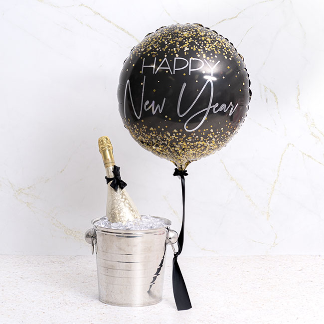 Foil Balloon 17 Happy New Year Confetti Black & Gold