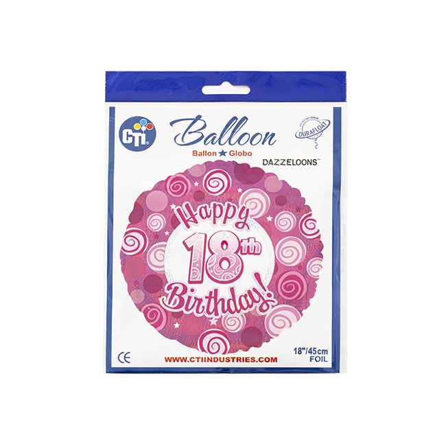 Foil Balloon 17 (42.5cm Dia) Happy 18th Bday Swirls Pink
