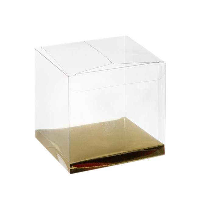 Cupcake Box Clear with Base 30mic Gold (90x90x90mm) Pack 10