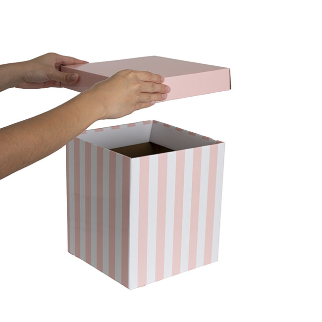 Gift Box with Lid Tall Stripes Pink and White (22x22x25cmH)