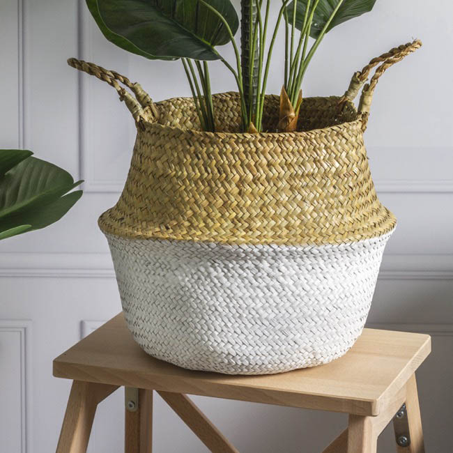 Tonga Seagrass Planter Basket Natural & White (31Dx28cmH)