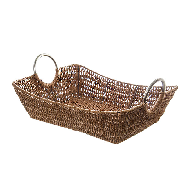 Paper Rope Tray w Metal Handles Rectangle Brown(34x27x9cm)