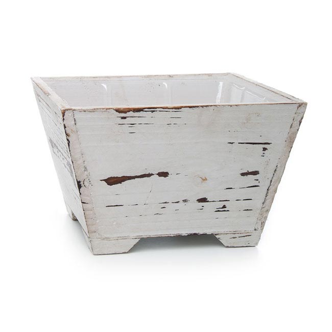 Wooden Planter Pot with liner Rustic White (19x19x12cmH)