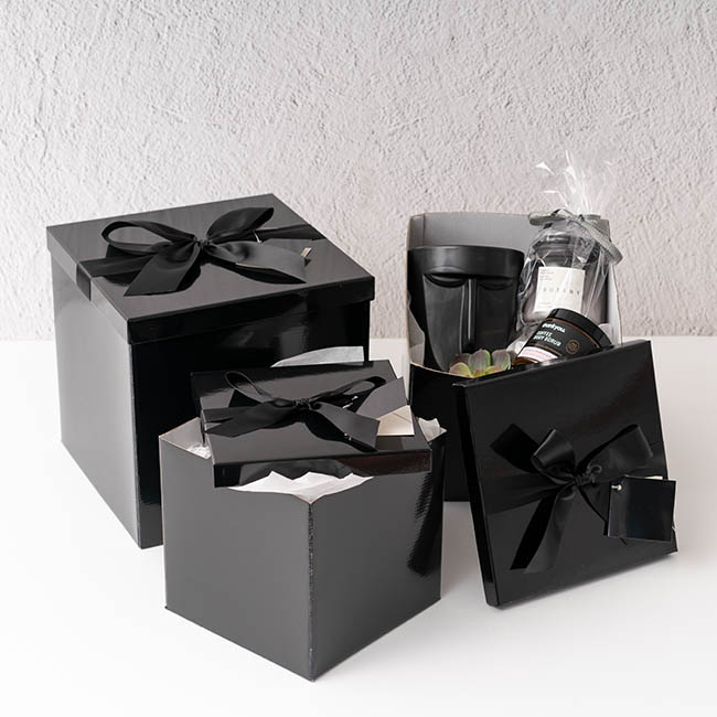 Flat Pack Gift Box Large with Bow Black (224x224x215mmH)