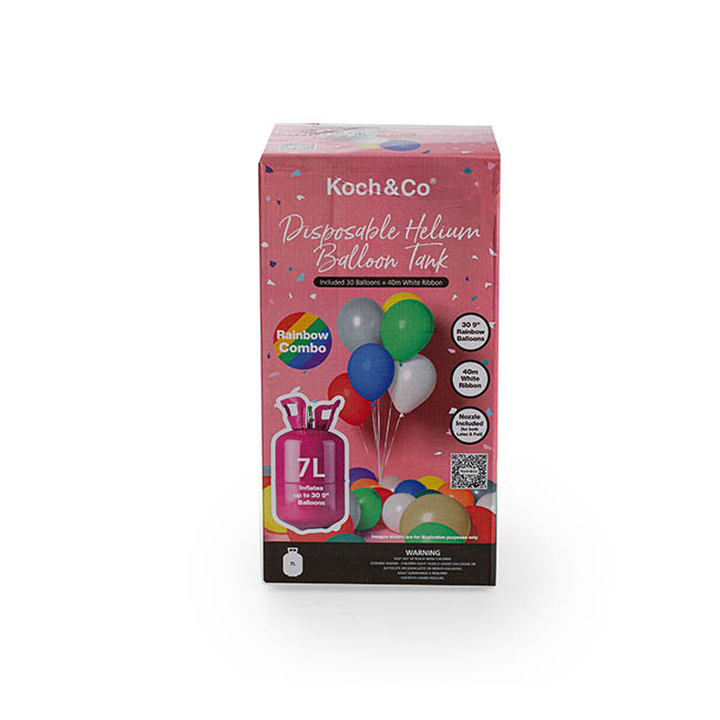 Helium Tank Kit with 30 Pack of 9 Rainbow Balloons (7L)