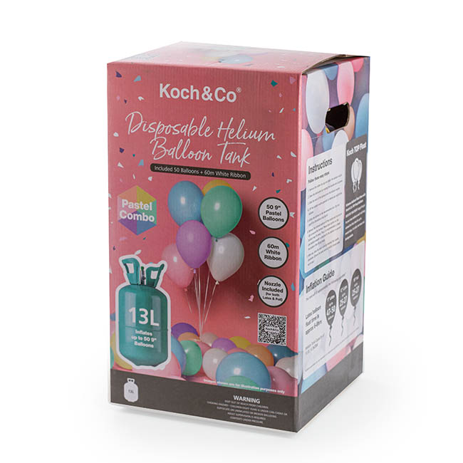 Helium Tank Kit with 50 Pack of 9 Pastel Balloons (13L)
