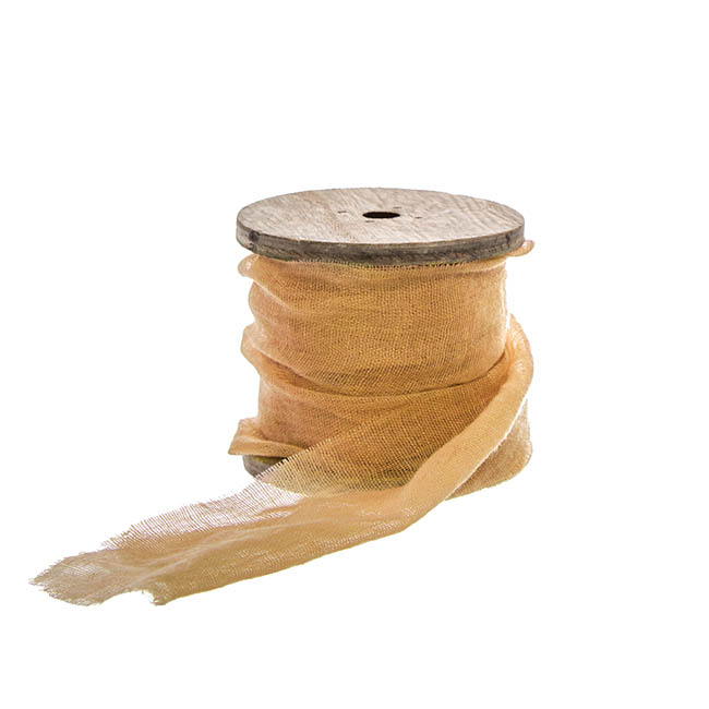 Ribbon with Wooden Spool Faux Silk Frayed Apricot (80mmx5m)