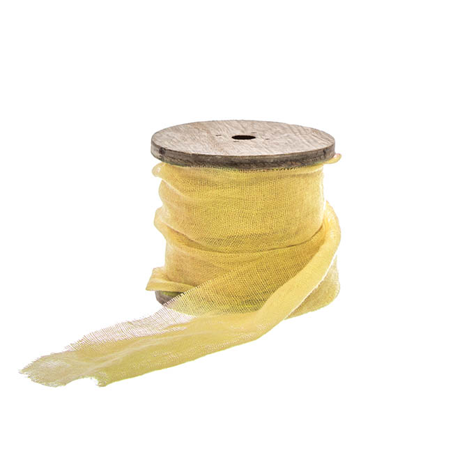 Ribbon with Wooden Spool Faux Silk Frayed Lemon (80mmx5m)