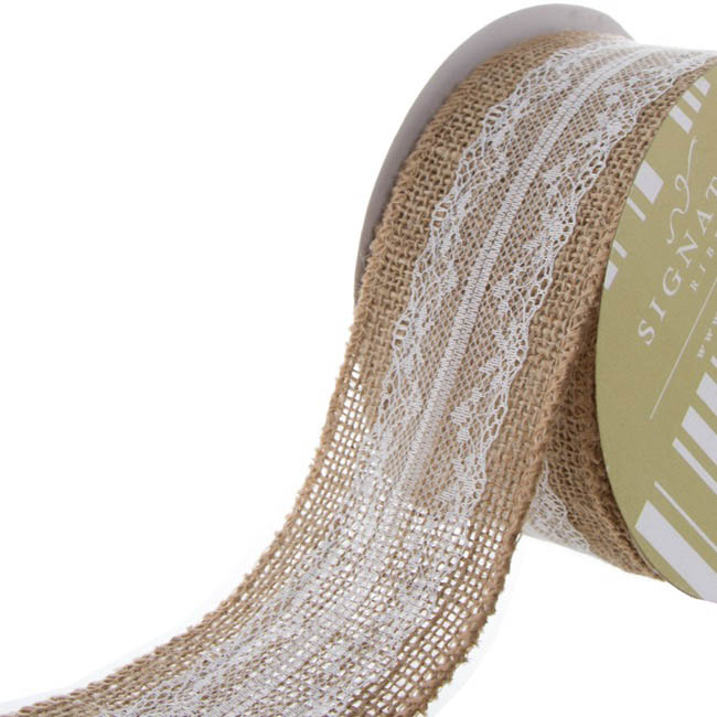 Jute Ribbon with Cotton Lace White (60mmx10m)