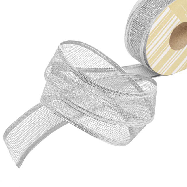 WIRED EDGE SILVER MESH RIBBON 40mm 