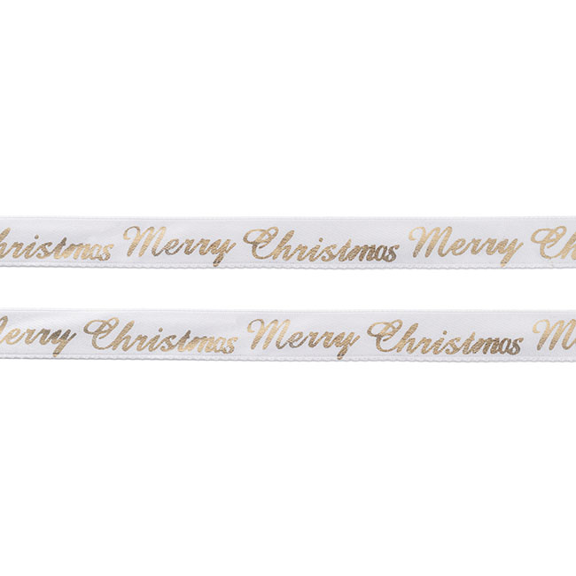 Ribbon Satin Merry Christmas White Gold (15mmx 20m)