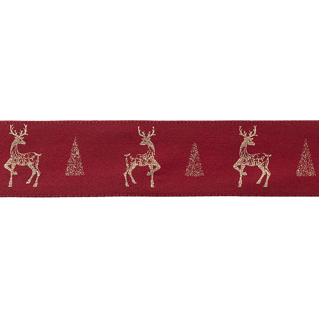 Ribbon Satin Reindeer & Trees Burgundy Gold (25mmx 20m)