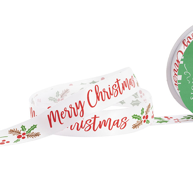 Ribbon Satin Merry Christmas & Holly Print White (25mmx 20m)