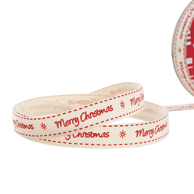 Ribbon Cotton Linen Merry Christmas Cream Red (15mmx20m)