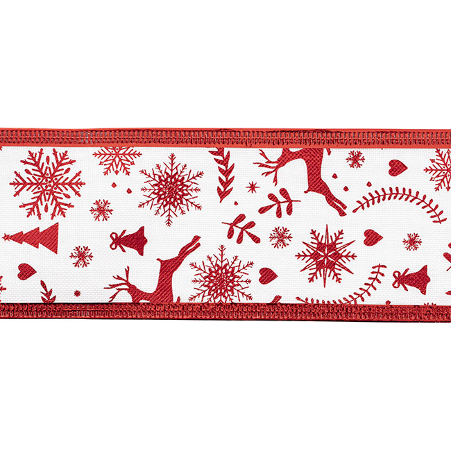 Ribbon Linen Christmas Print Sonic Edge White Red (60mmx10m)